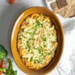 Buffalo tuna dip in a brown bowl.