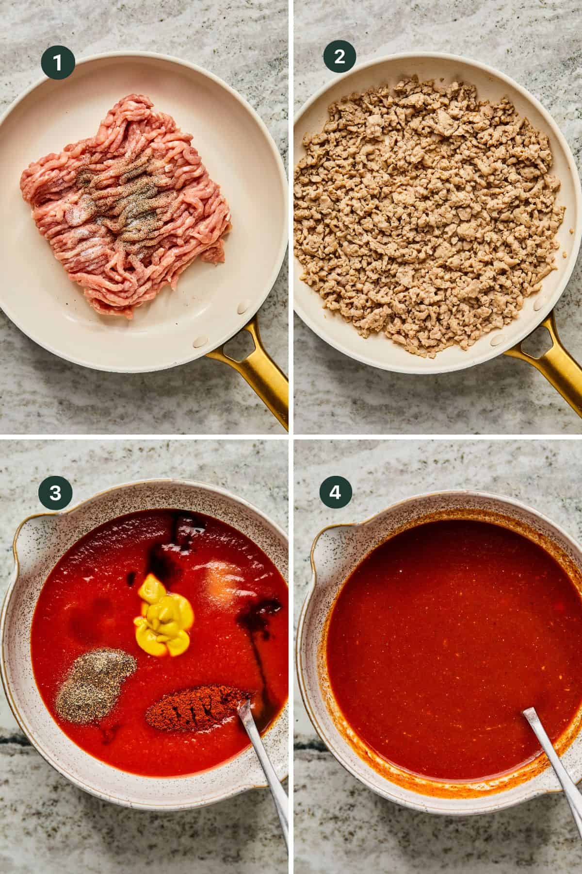 Four-step cooking process for Ground Chicken Sloppy Joes: 1) Raw ground chicken with seasonings in a pan. 2) Cooked ground meat in the pan. 3) Bowl with tomato sauce, mustard, spices, and seasoning. 4) Mixed sauce in a bowl with a spoon.