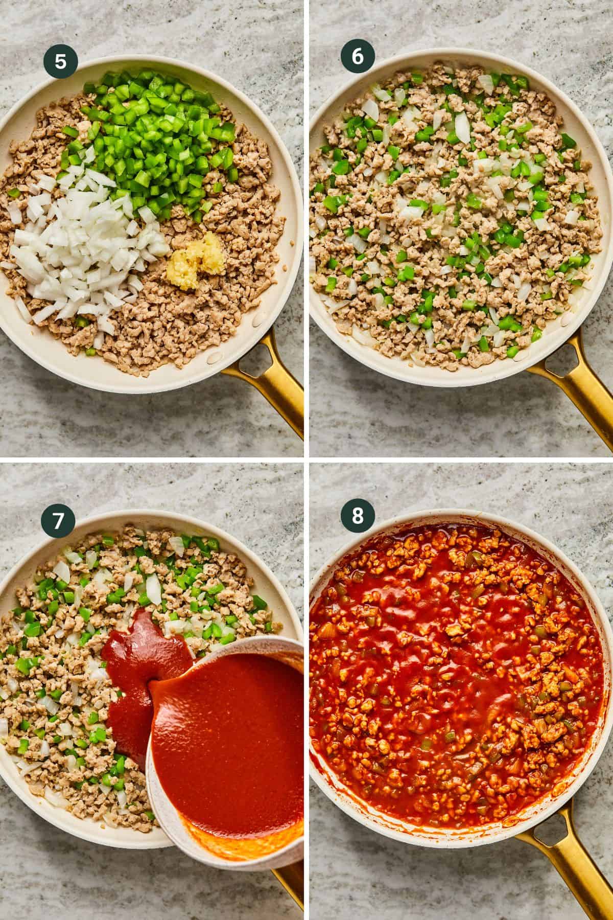 A collage of four cooking steps: sautéed ground chicken with chopped onions, garlic, and green bell peppers in a skillet; a tomato sauce being poured over the mixture; the final image shows a thick, seasoned meat sauce perfect for Sloppy Joes.