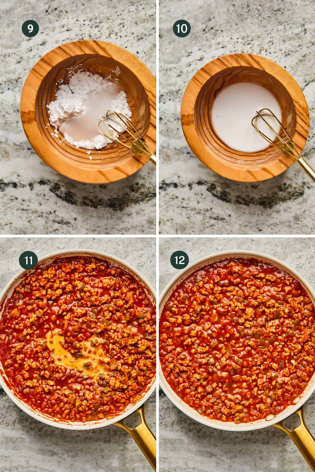 A step-by-step cooking guide: Images 9 and 10 show a small wooden bowl with white powder and a whisk, transitioning to a liquid mixture. Images 11 and 12 highlight Ground Chicken Sloppy Joes in the making, as the skillet reveals ground meat in a red sauce, thickening over time.