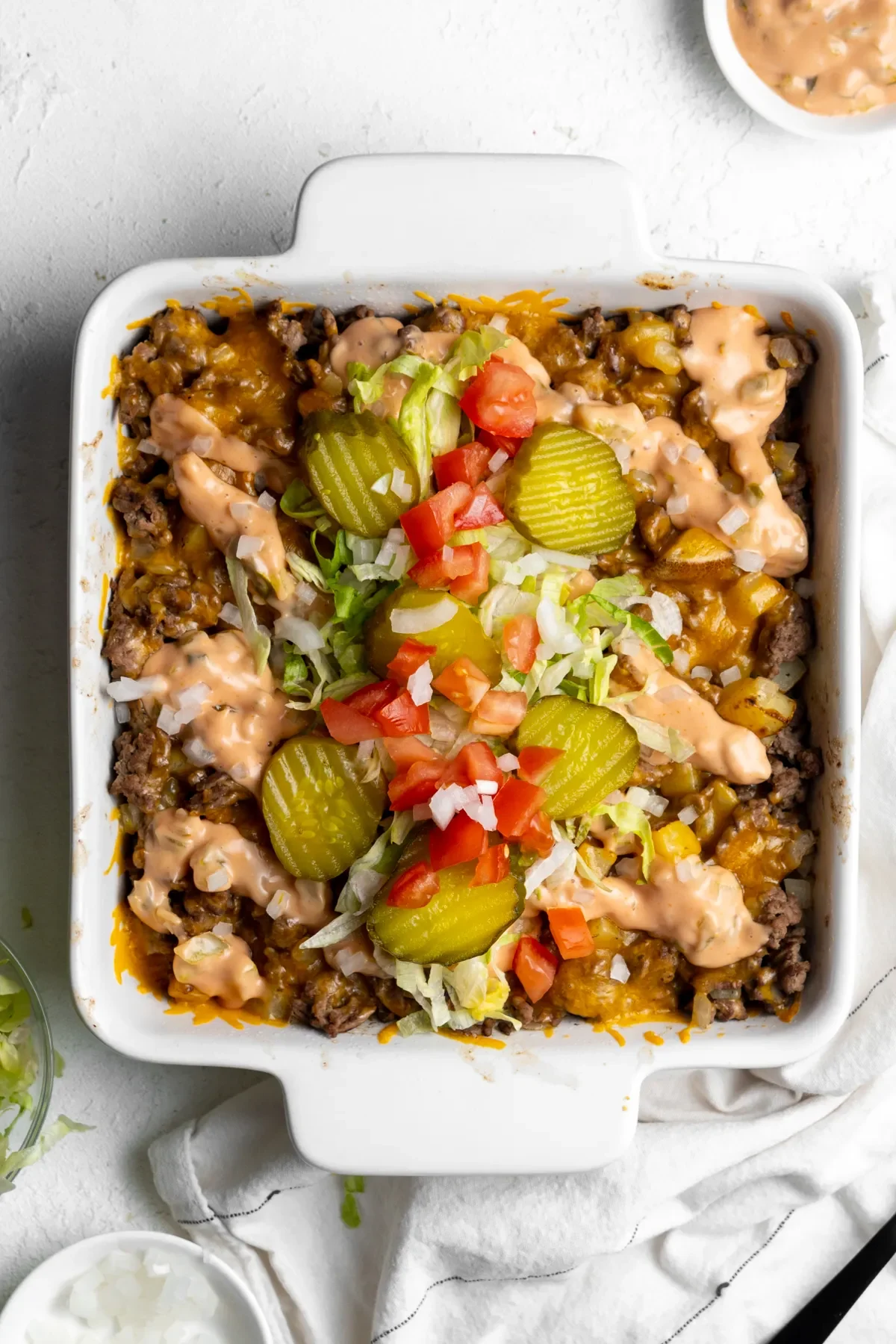 Big Mac Casserole in a baking dish.