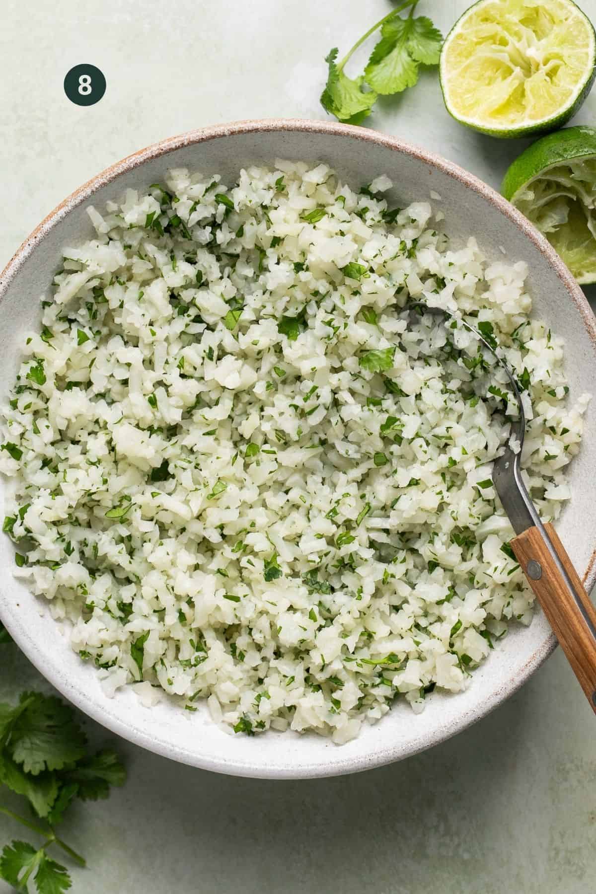 Combined cilantro lime cauli rice in a bowl.