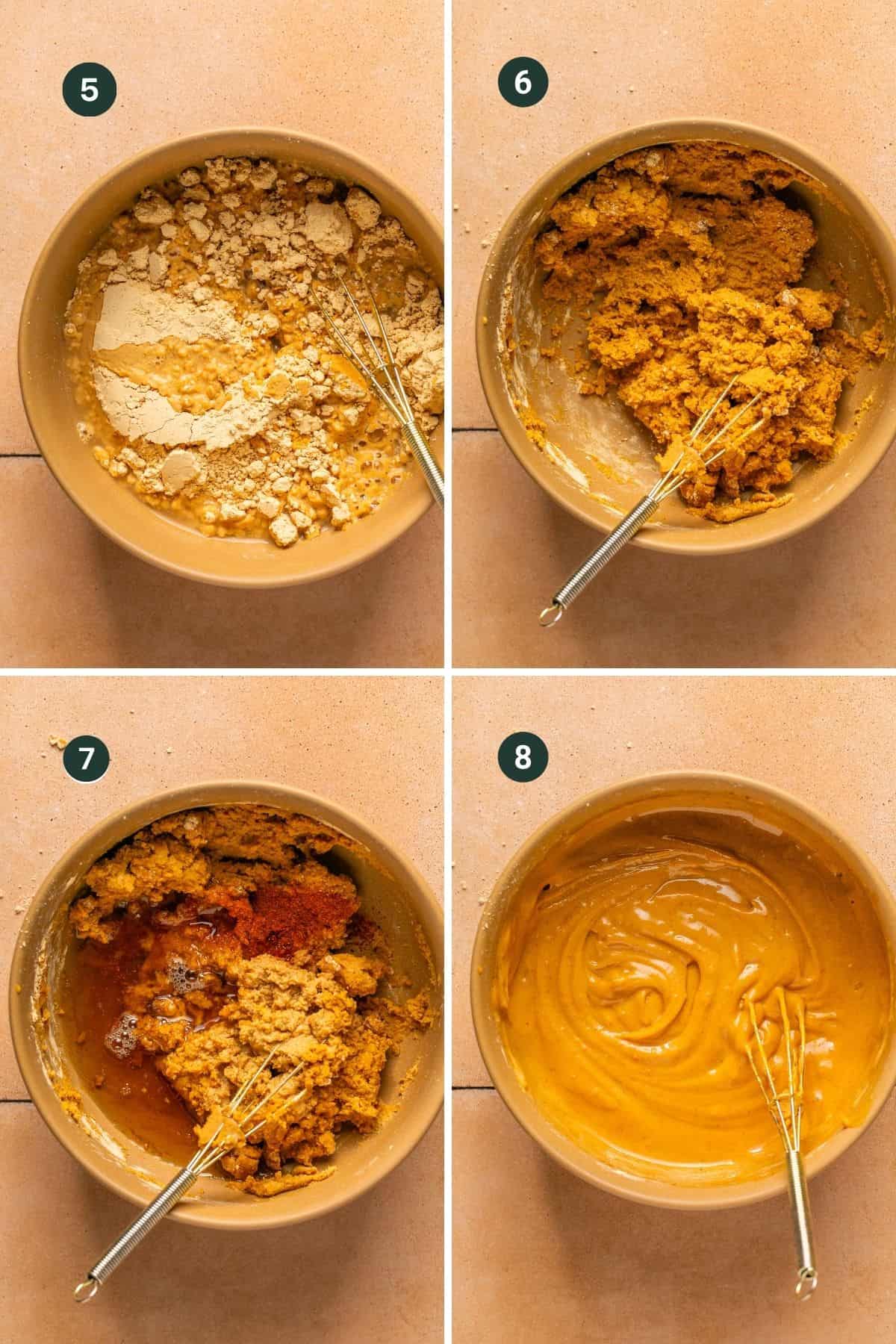 Four images showing how to mix PB2 powdered peanut butter, water, syrup, lemon juice and cayenne for peanut sauce. 
