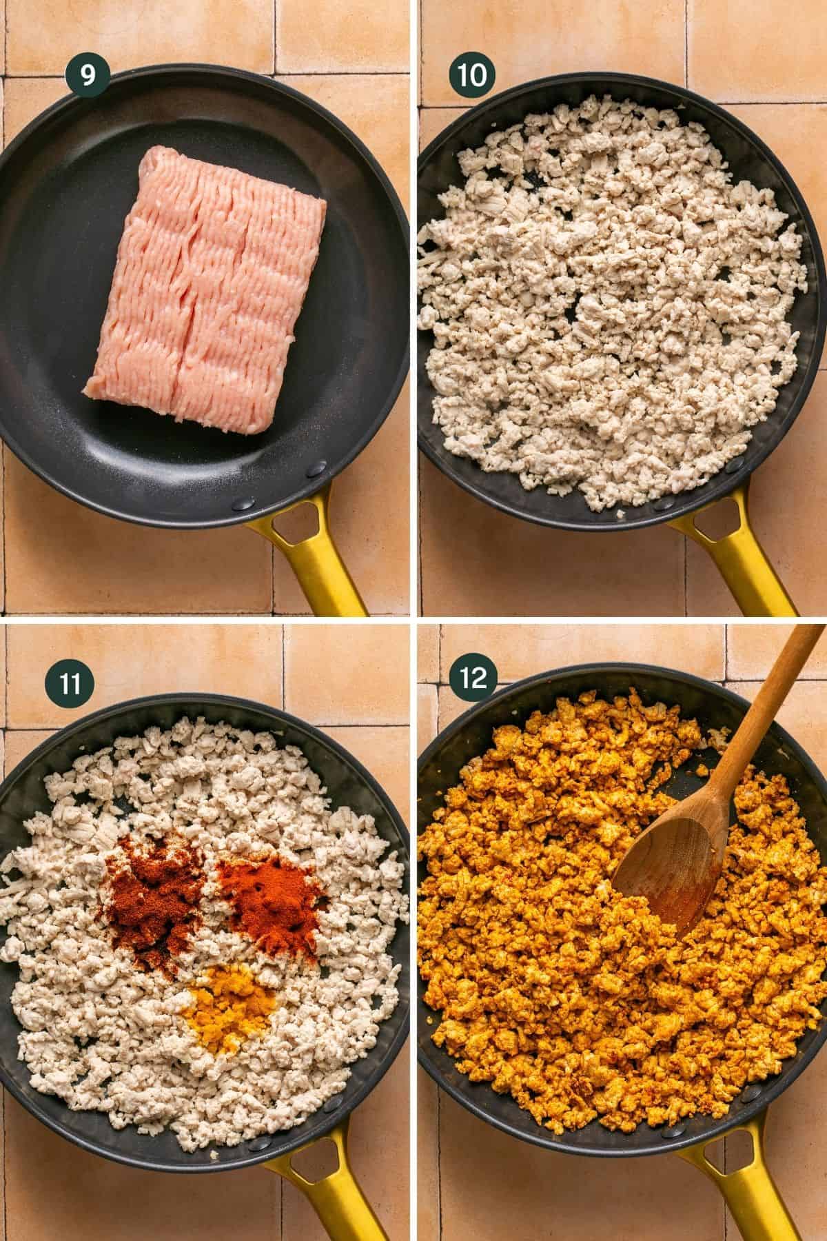 Four images showing browning ground turkey and mixing with paprika chili powder and turmeric to season. 