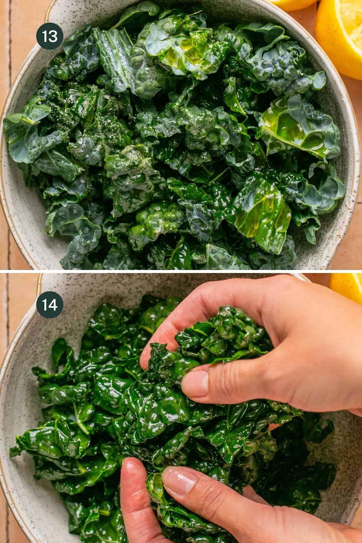 Two images showing how to massage kale down to remove bitterness with olive oil and hands. 