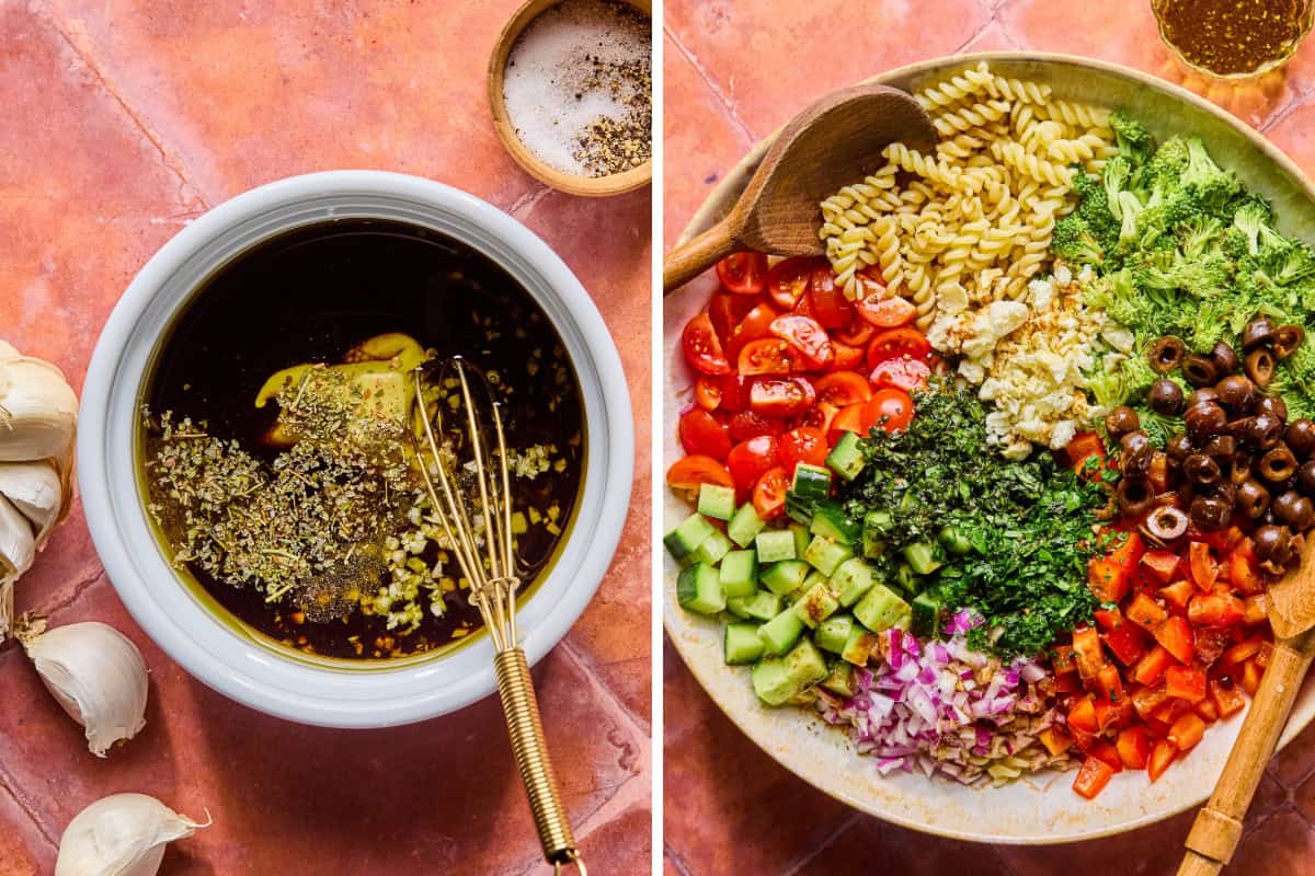 Two images: on the left, a bowl of salad dressing with herbs and a whisk, surrounded by garlic cloves; on the right, a large bowl holds high protein pasta salad with broccoli, tomatoes, cucumber, onion, bell pepper, olives, feta, and herbs.