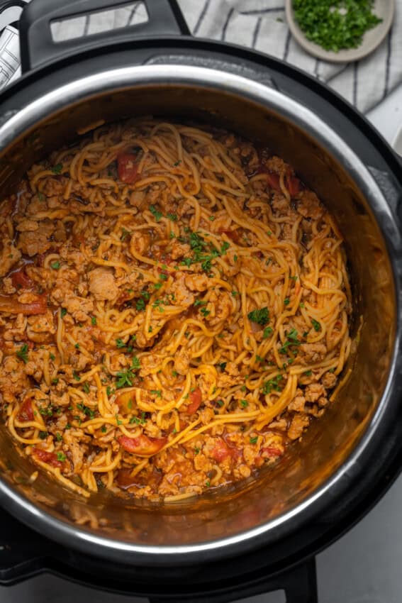 Chicken spaghetti in an Instant Pot.