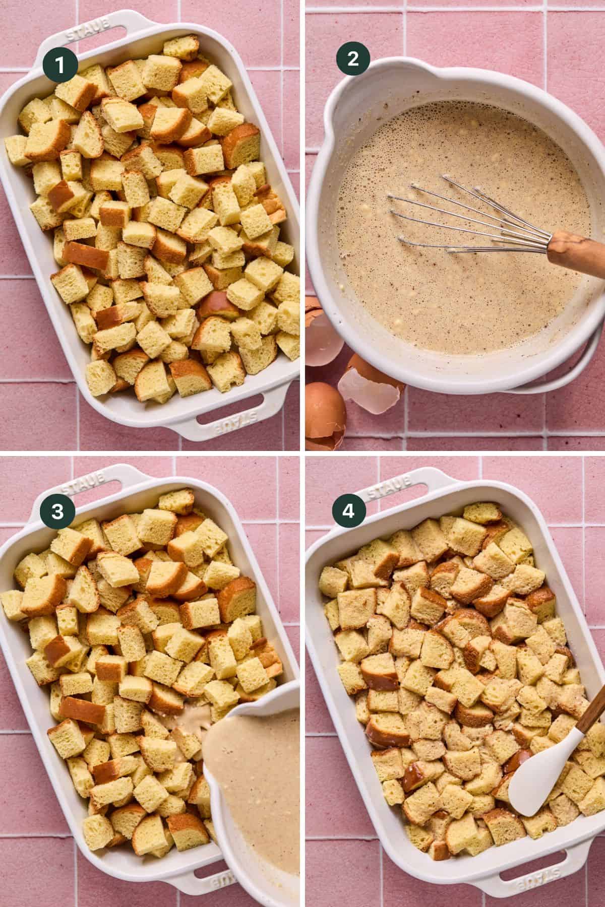 Four-panel image demonstrating steps to make a delectable Brioche French Toast Casserole. Panel 1: Cubed brioche in a baking dish. Panel 2: Bowl of mixed custard with a whisk. Panel 3: Custard being poured over brioche cubes. Panel 4: Brioche soaking up the custard in the dish.