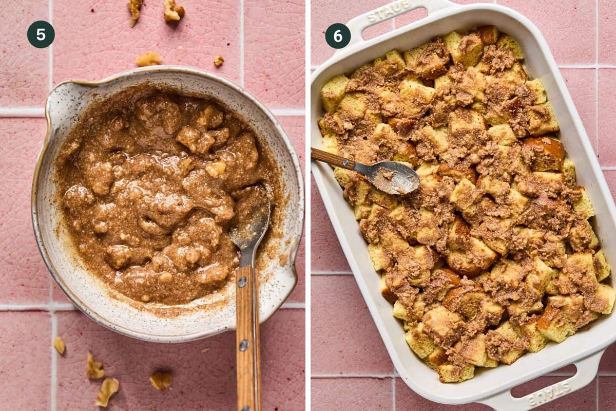 Left side: A bowl with a chunky brown Brioche French Toast mixture and a wooden spoon on a pink tiled surface. Right side: A baking dish filled with cubed bread topped with the same delightful mixture, ready to bake. Both items are labeled with numbers.