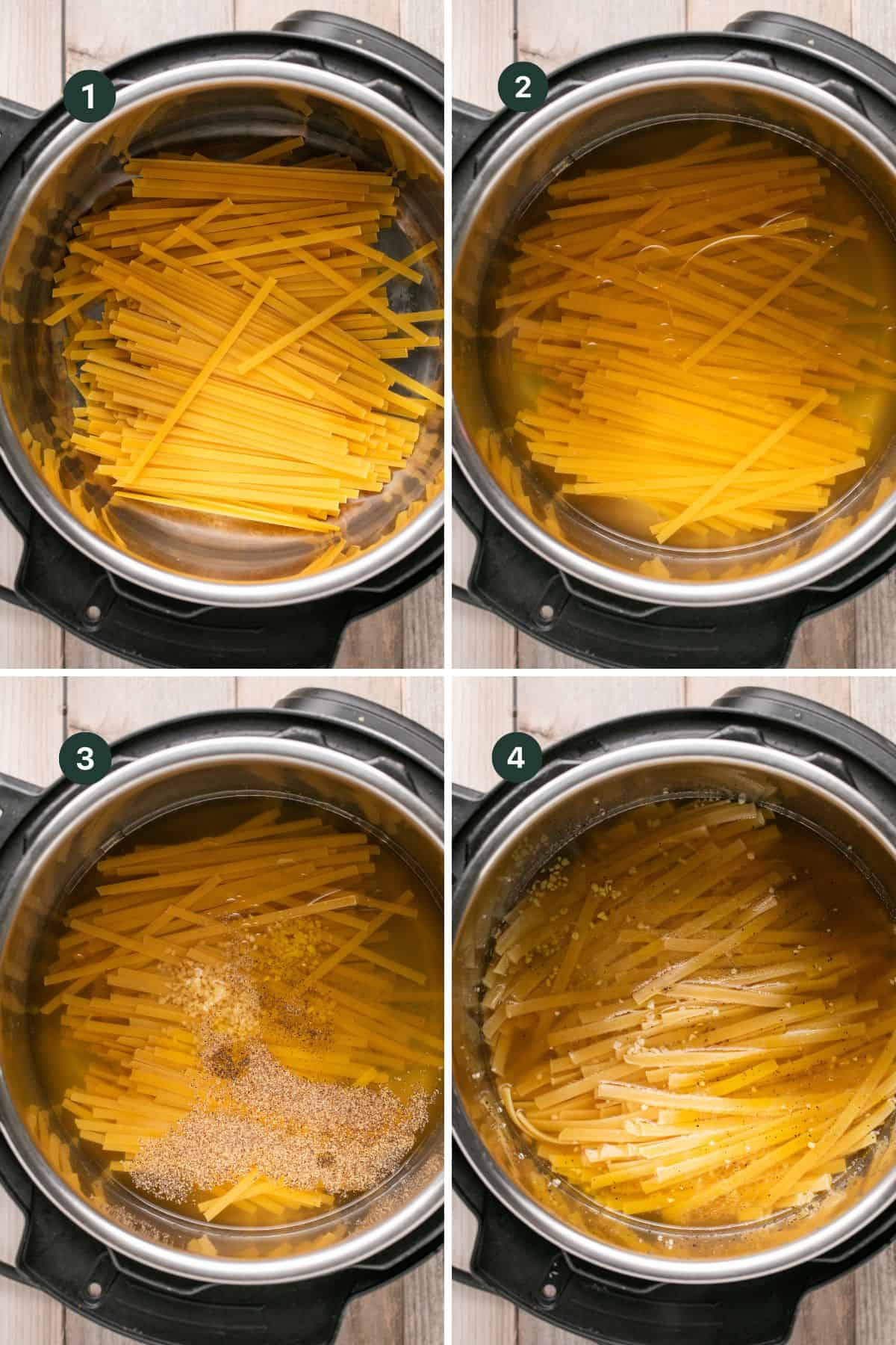 Four images showing adding the broken noodles to the base of the instant pot and topping with broth and seasonings to cook.