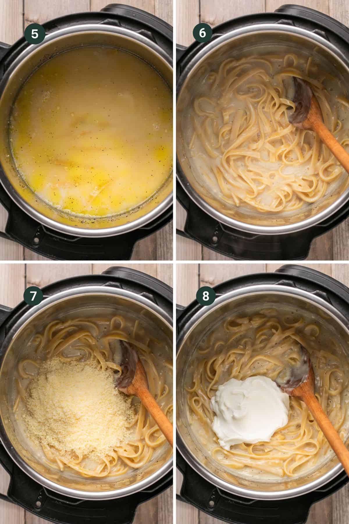 Once cooked, images showing adding the milk and arrowroot slurry, greek yogurt and parmesan cheese to thicken and create the alfredo sauce in the base of the instant pot.