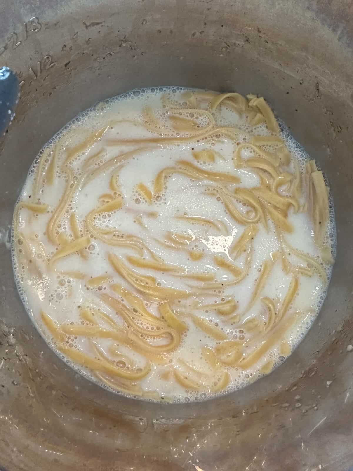 Noodles and a milk mixture in an Instant Pot.