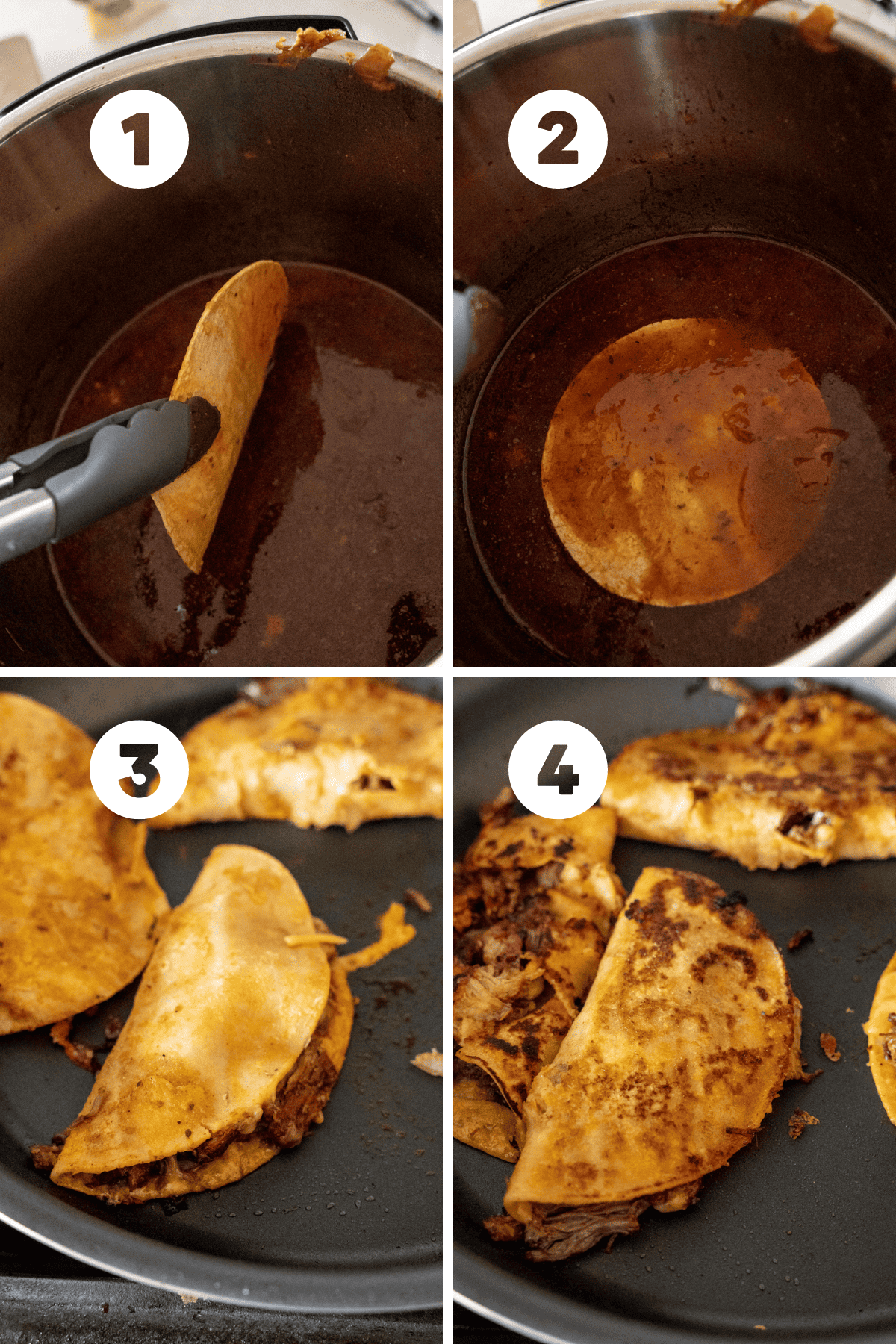 Collage of dipping and frying a tortilla to create crispy tacos.