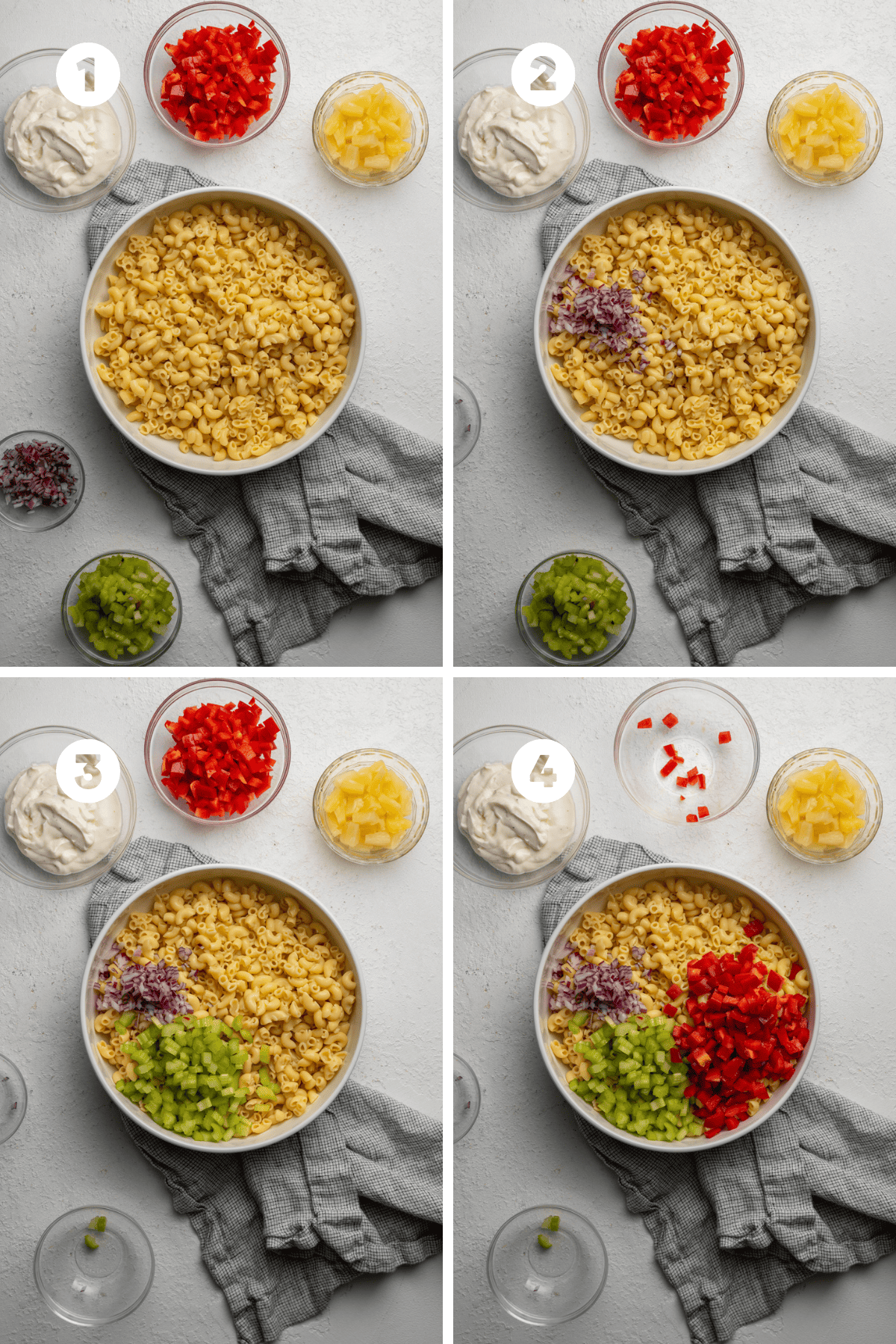 Collage of adding ingredients to a large bowl of macaroni noodles.
