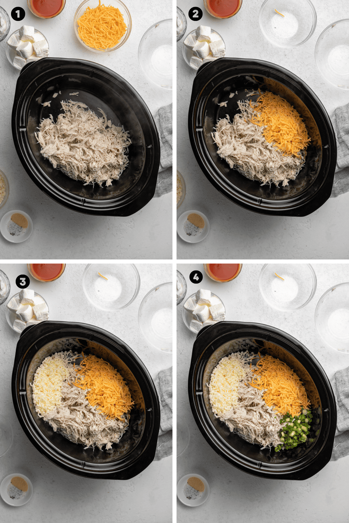 Collage of adding ingredients to a crockpot.