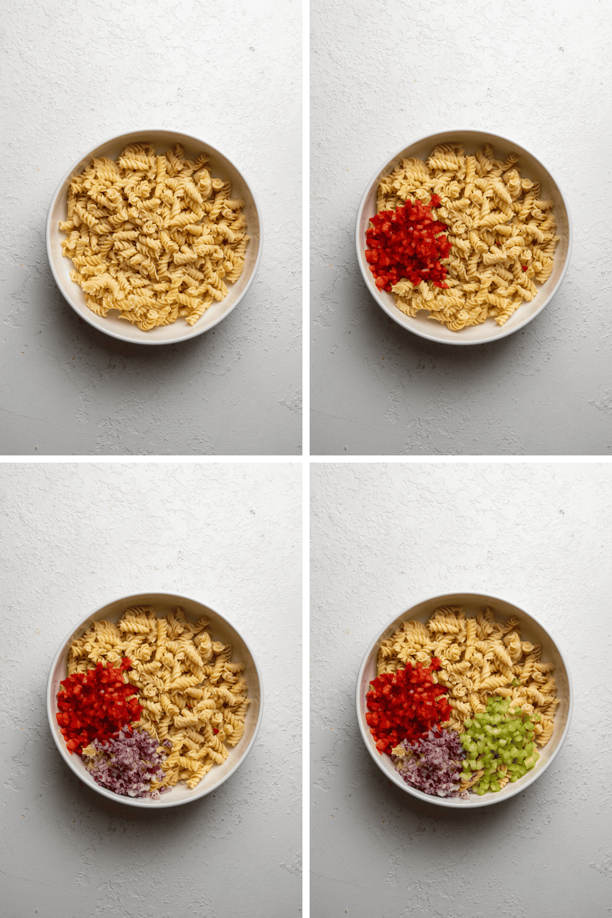 Collage of adding chopped ingredients to a bowl of pasta.