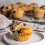 Blueberry protein muffin on a small plate.