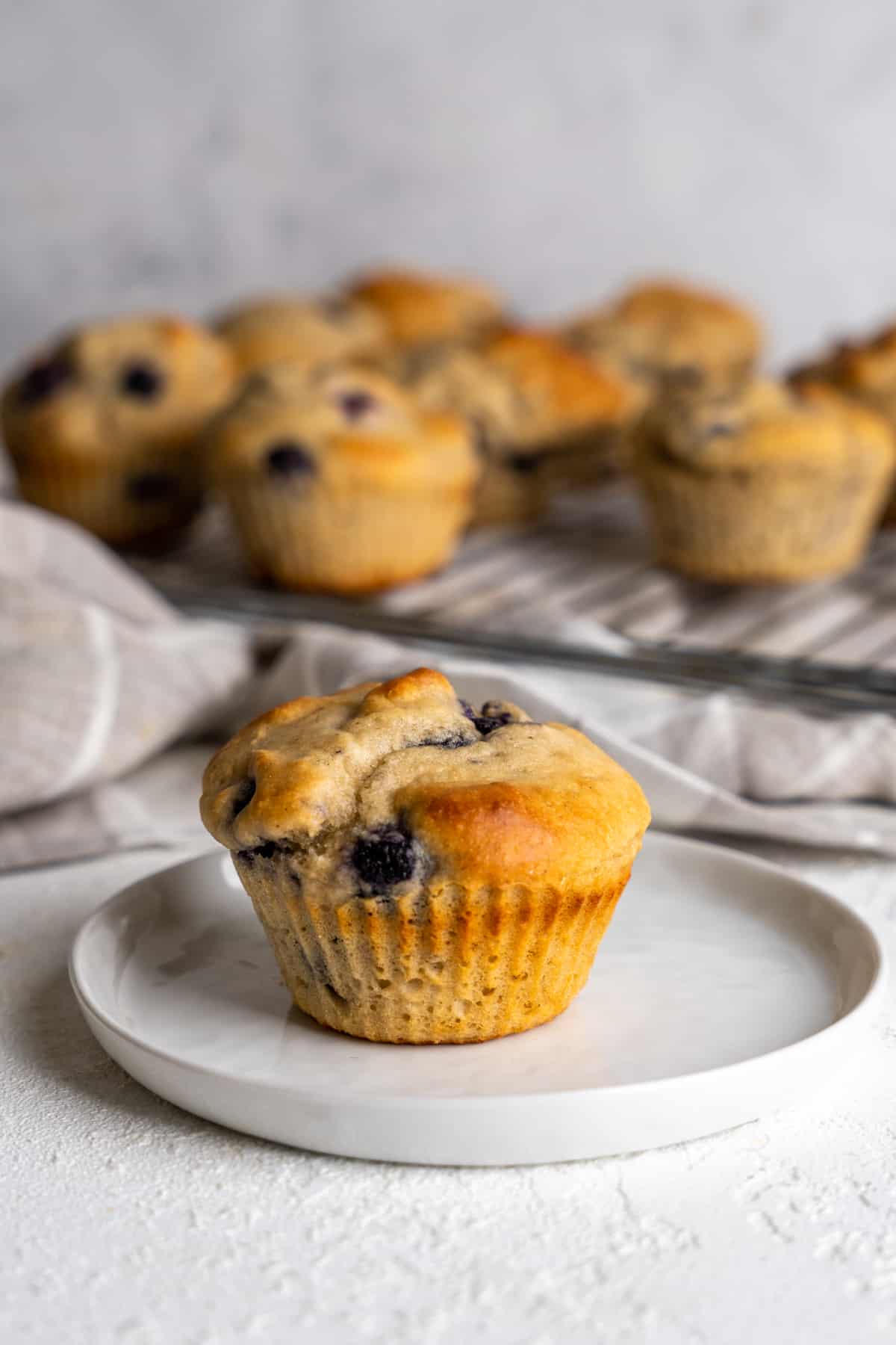 Blueberry protein muffin on a small plate.