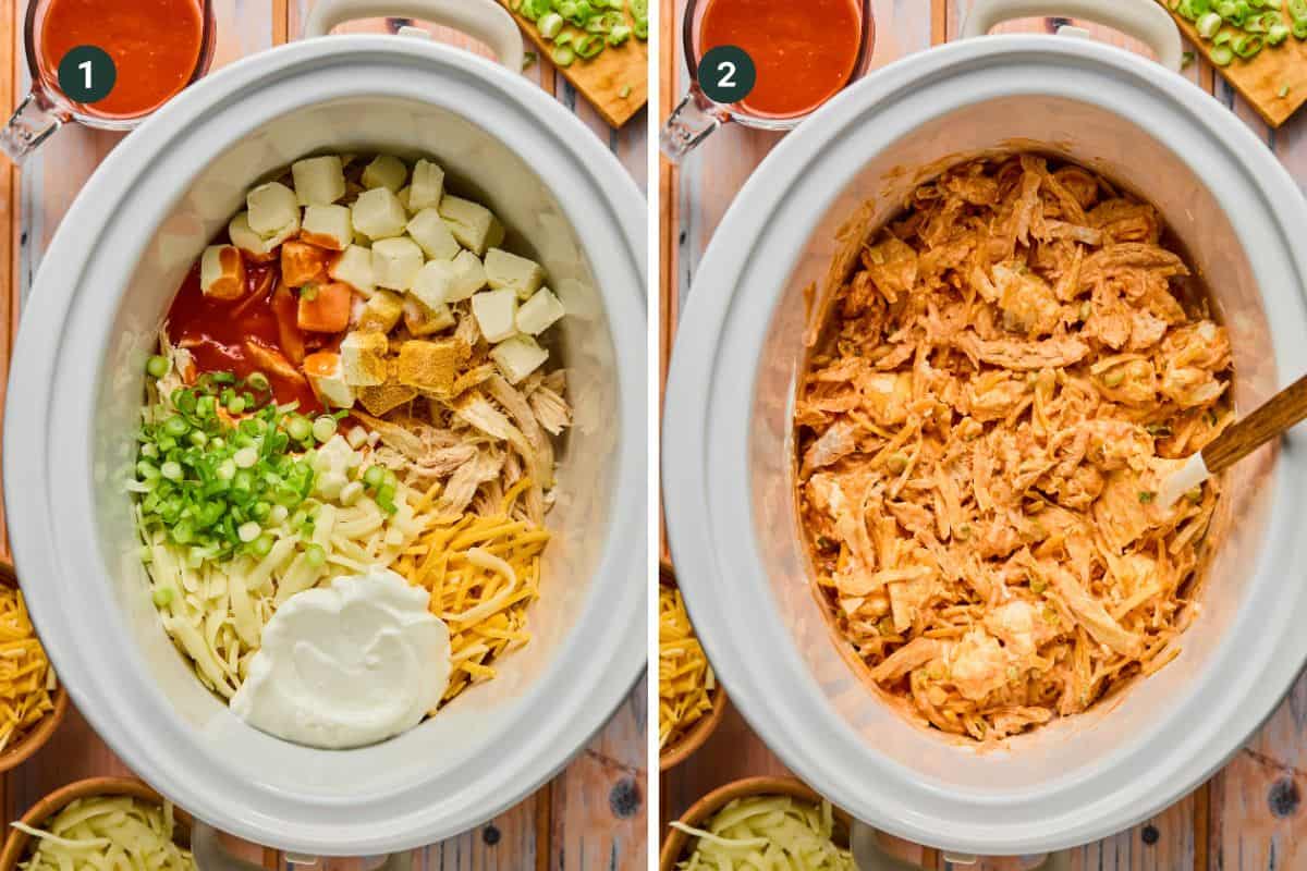 Two images of crock pot buffalo chicken dip: Image 1 showcases ingredients like shredded chicken, cheese, diced potatoes, sour cream, and green onions. Image 2 presents these components blended into a creamy, savory mixture.