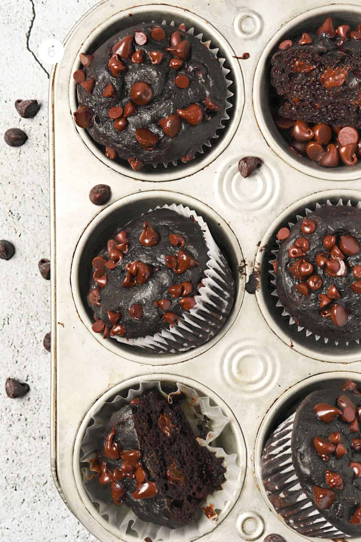 Baked muffins in a muffin tin with extra chocolate chips on top.