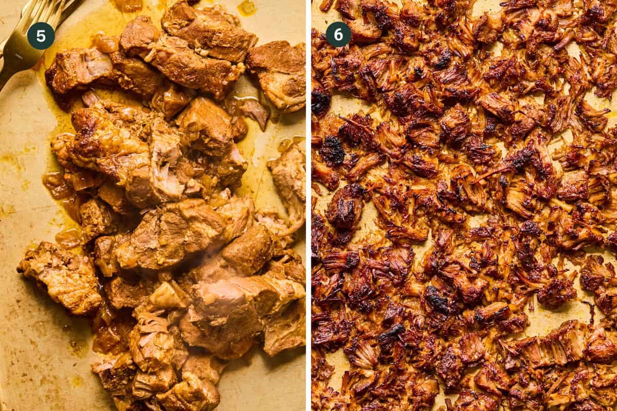 Side-by-side images show chunks of cooked, juicy pork for Instant Pot Carnitas on the left (labeled 5), and the same pork shredded and spread out on a baking sheet, crispy and browned, on the right (labeled 6).