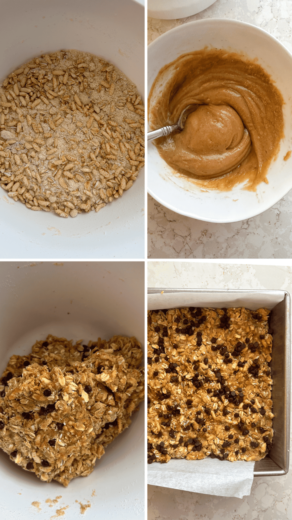 Collage of mixing granola bar ingredients.