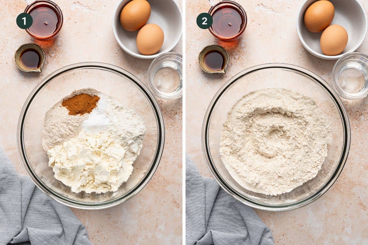 Two images side by side. The first shows a bowl of flour, spices, baking powder, and baking soda for protein banana bread. The second shows the mixture blended together. Nearby are eggs, vanilla extract, and measuring cups. A gray cloth is partially visible.