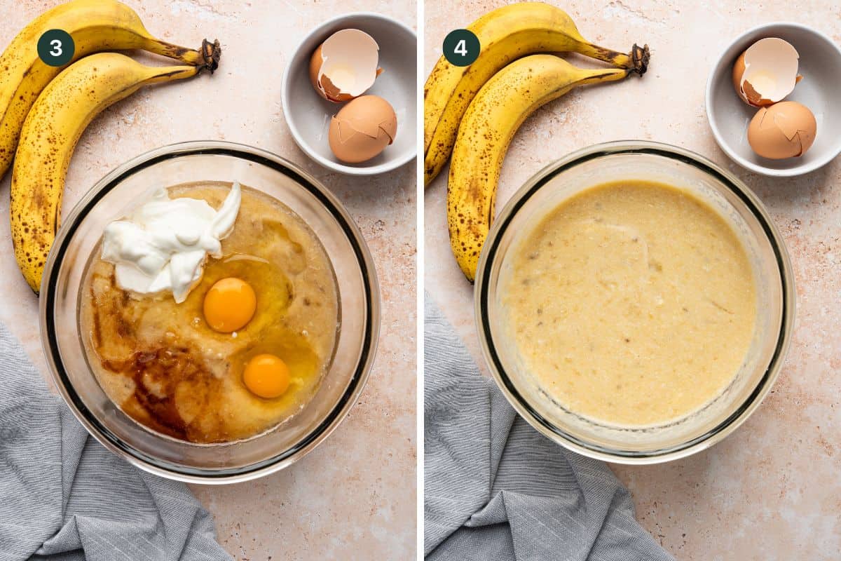 Left image: Ingredients for protein banana bread batter in a bowl, featuring eggs, yogurt, and vanilla, with bananas and eggs on the side. Right image: Mixed protein banana bread batter in a bowl, surrounded by bananas and cracked eggs. A gray cloth peeks out from under the bowls.