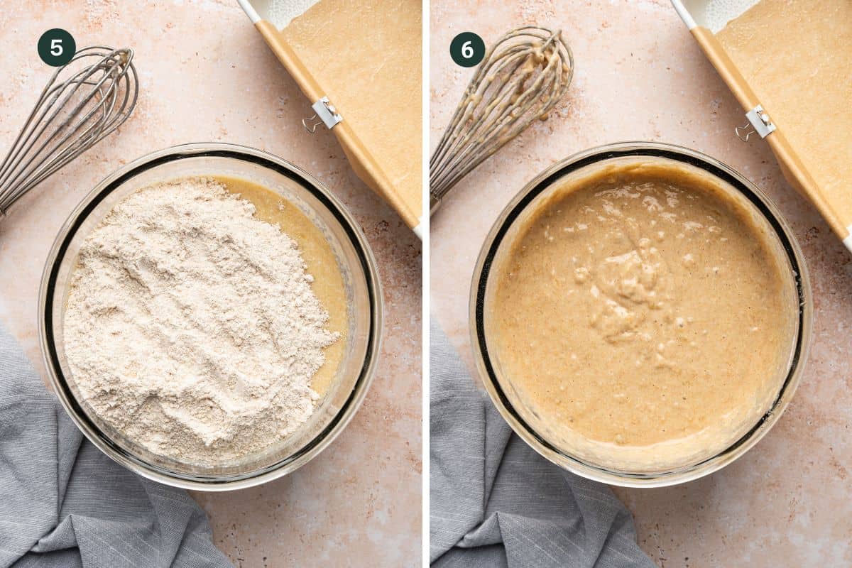 Two side-by-side images show a glass bowl with cake batter. Left: flour is added to the batter, with a whisk beside the bowl, preparing for protein banana bread. Right: the batter is fully mixed. A gray cloth and baking tray are in the background. Numbers 5 and 6 label the images.