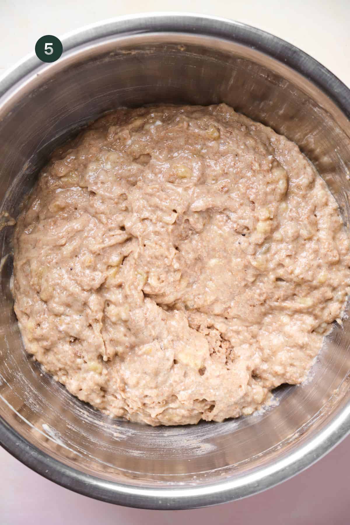 Banana bread batter mixed and ready to pour. 