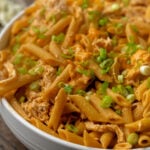 Large, white bowl of buffalo chicken pasta.