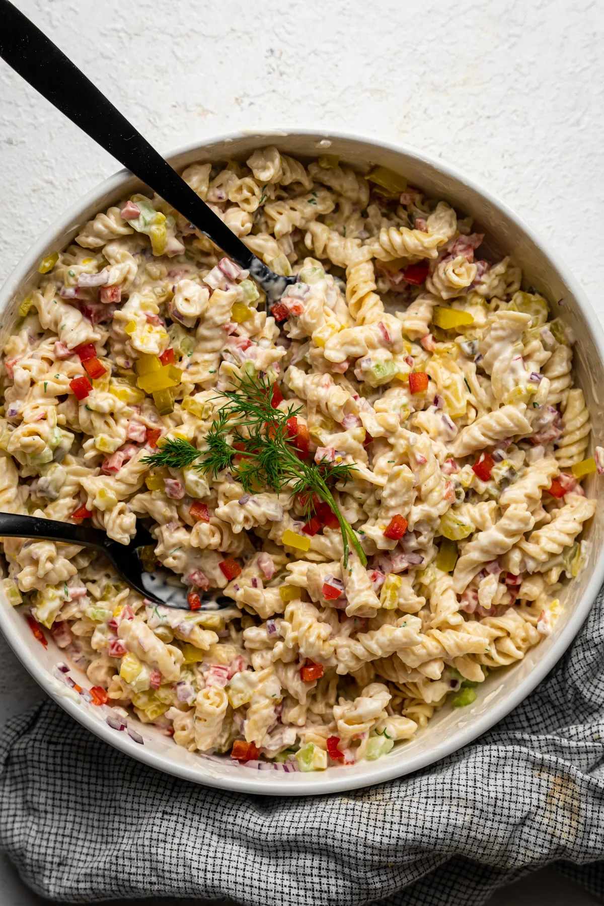 Bowl of dill pickle pasta salad.