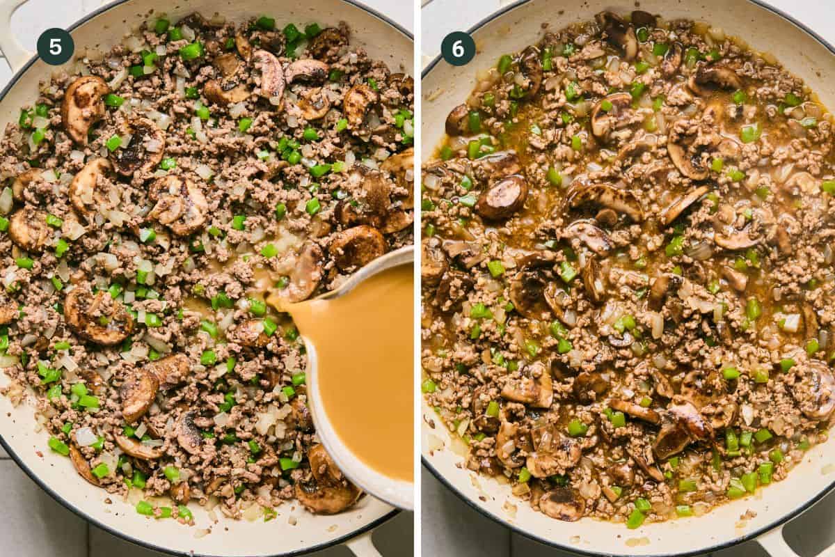 Two side-by-side images of a skillet. Left: Ground beef, sliced mushrooms, and chopped green peppers and onions are cooked for Philly Cheesesteak Sloppy Joes. Broth is poured in. Right: Ingredients are mixed, simmering with visible broth, creating a deliciously messy twist on a classic favorite.