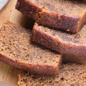 Slices of protein banana bread leaning on each other.