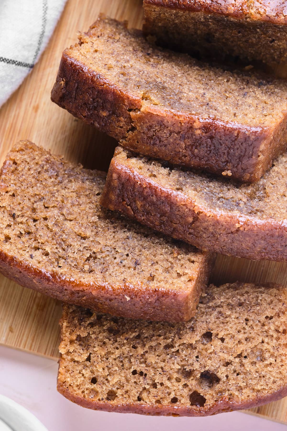 Slices of protein banana bread leaning on each other.