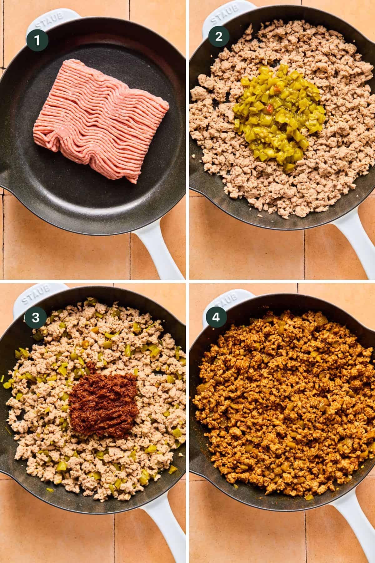 Experience the four-step cooking process in a white-handled skillet: raw ground meat, cooked meat with green peppers, a sprinkle of spices, and finally, fully mixed seasoned meat. Perfect as the savory filling for your homemade Taco Pie delight.