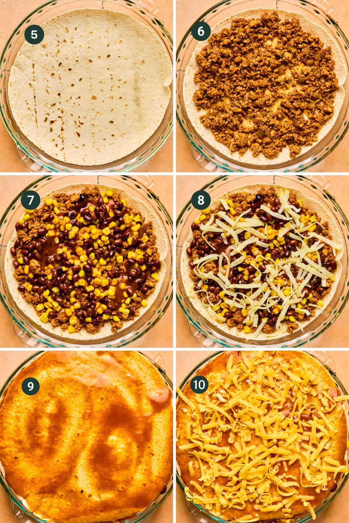 Step-by-step collage of making a delicious taco pie: laid-out tortillas, ground meat, corn and beans, cheese, sauce, and a final cheesy topping in a glass dish.