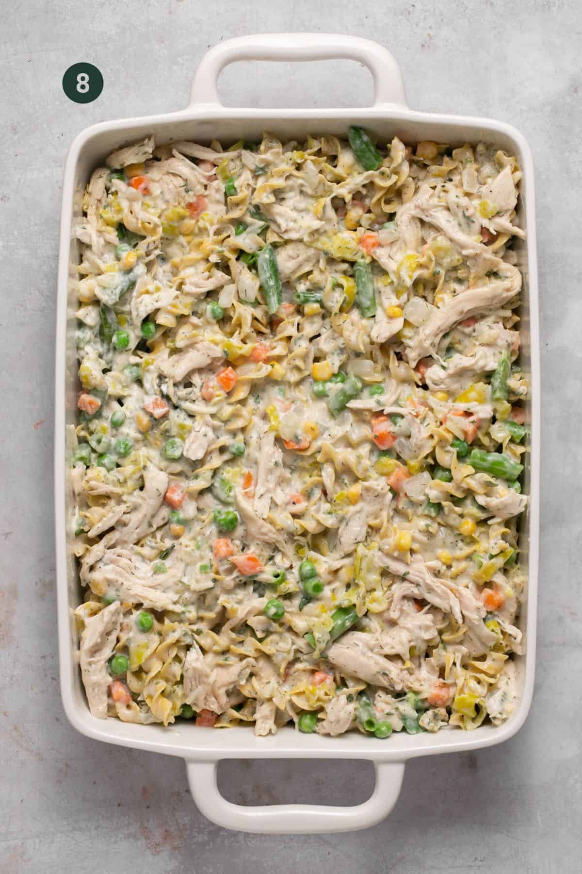 Filling placed in a casserole dish. 