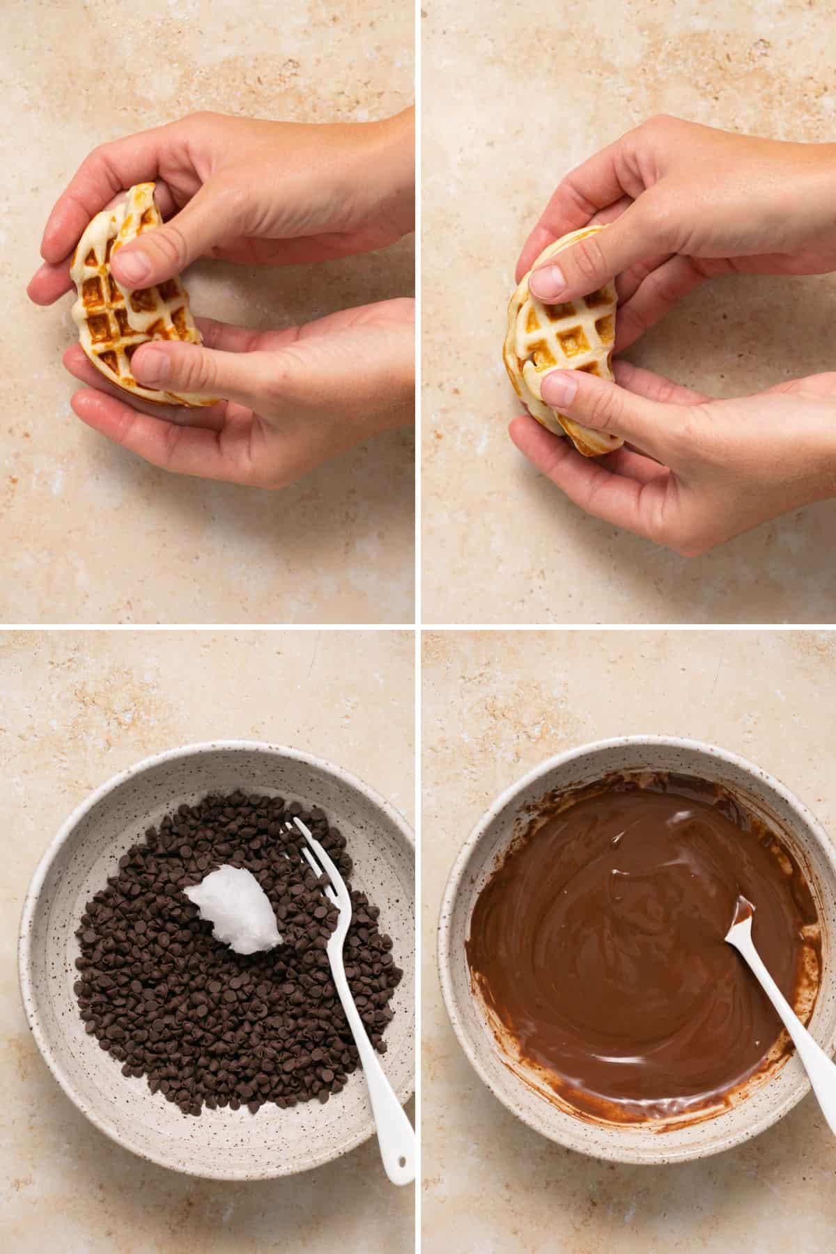 Collage of folding waffles and melting chocolate.