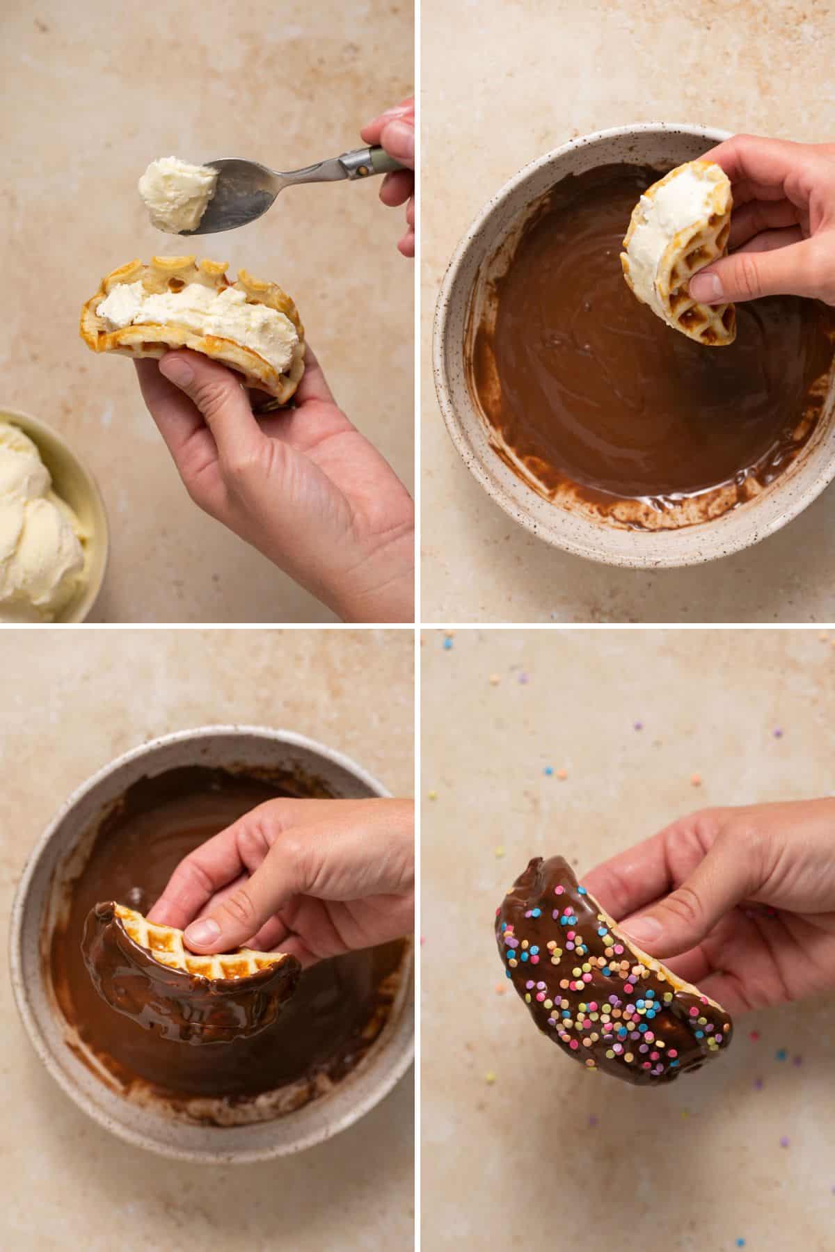 Collage of filling and topping homemade Choco tacos.