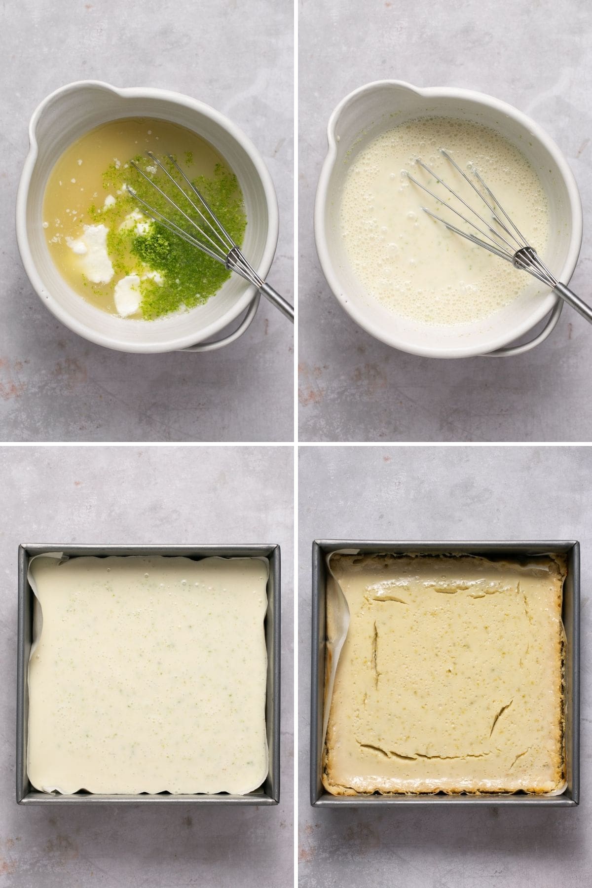 Collage of creating key lime pie bar filling.