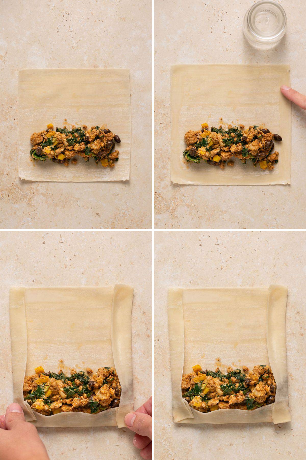 Collage of southwest filling being put on egg roll wrappers.