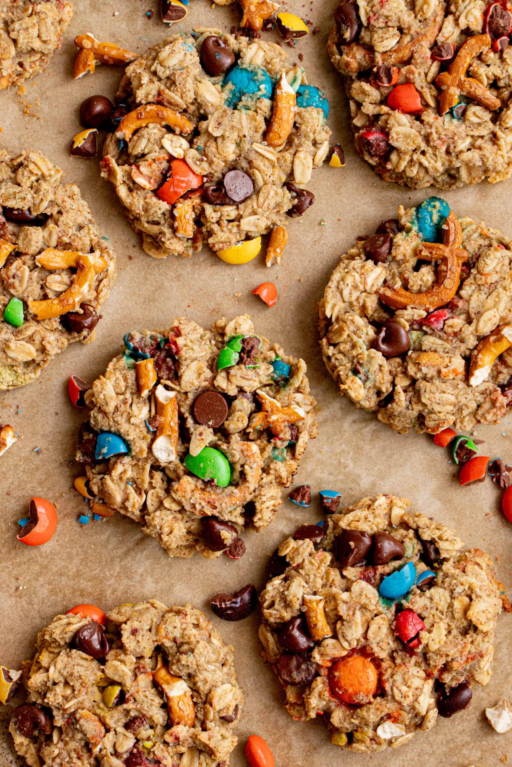 Kitchen sink cookies on parchment paper.