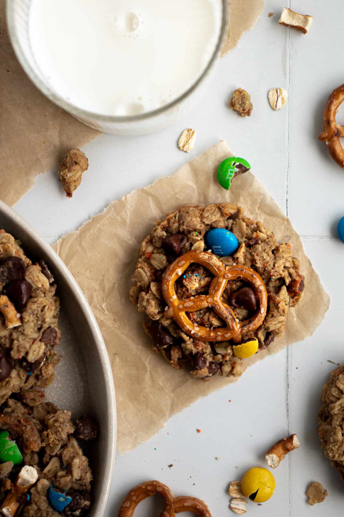Kitchen sink cookie topped with a pretzel.