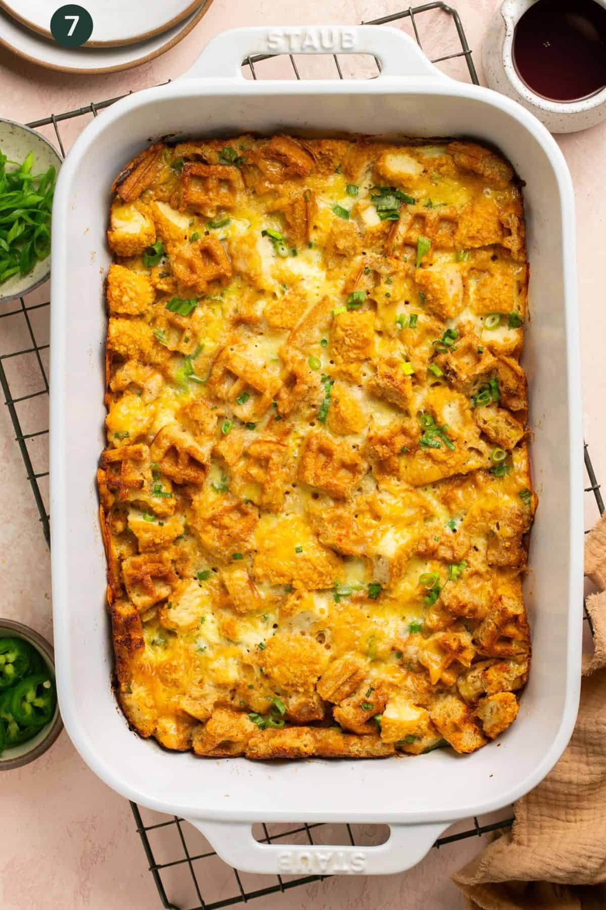 Baked casserole with crispy edges and browned top. 