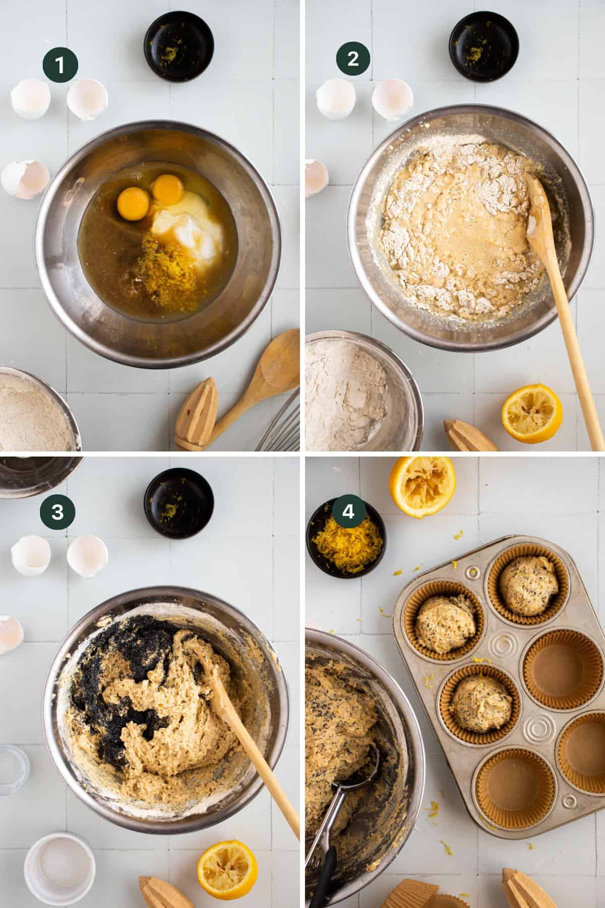 A four-step process for Lemon Poppy Seed Muffins: 1) Eggs and sugar in a bowl, 2) Flour and poppy seeds added, 3) Mixed batter, 4) Batter scooped into muffin cups in a baking tray, surrounded by lemon halves, zest, and kitchen utensils.