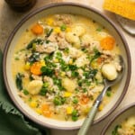 Spoon in a bowl of Chicken Gnocchi Soup.