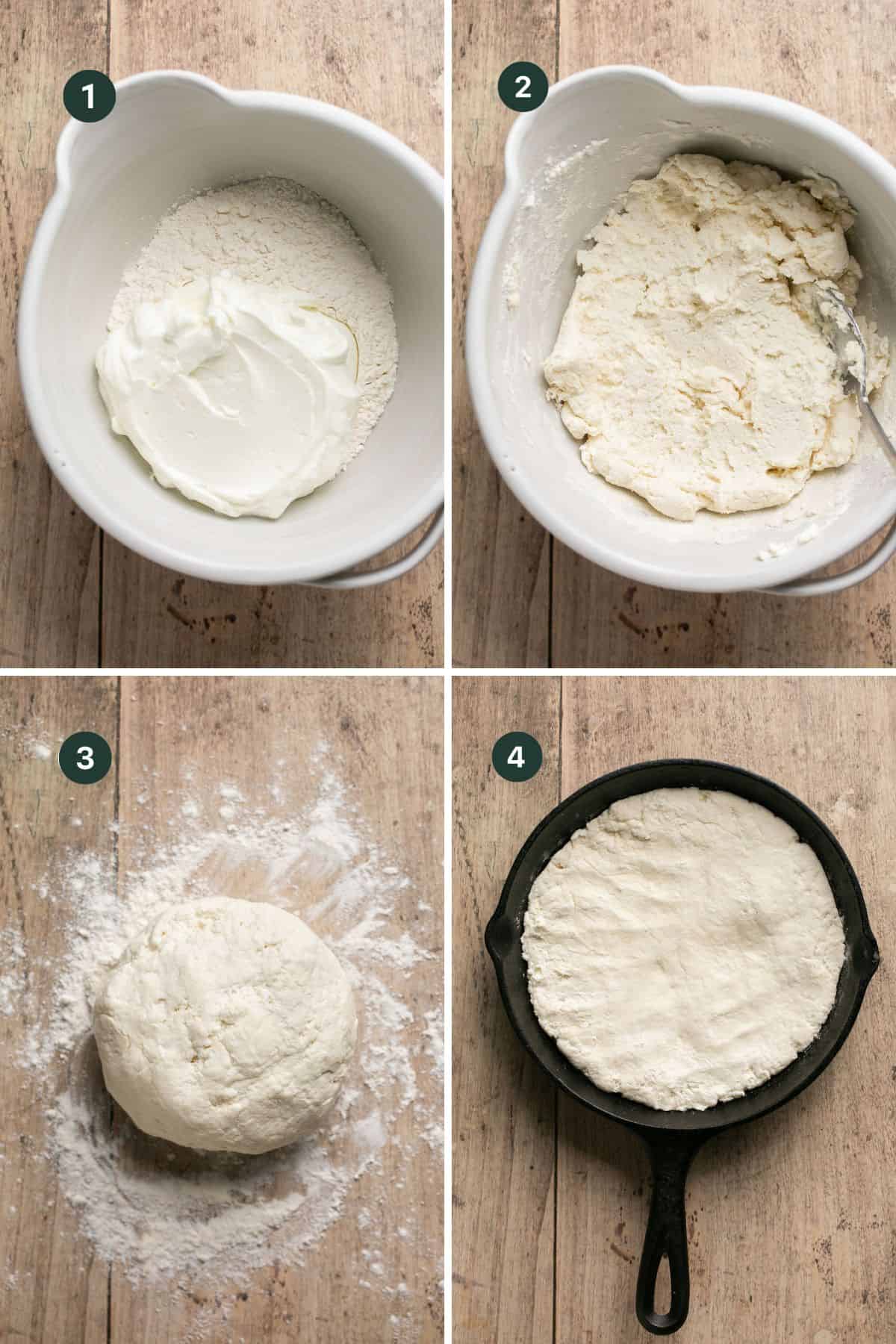 Four images showing adding the flour and yogurt to a mixing bowl, combining and pouring out onto a well floured surface to roll into a large bowl and transfer to the cast iron pressing out to the edges like a pizza. 