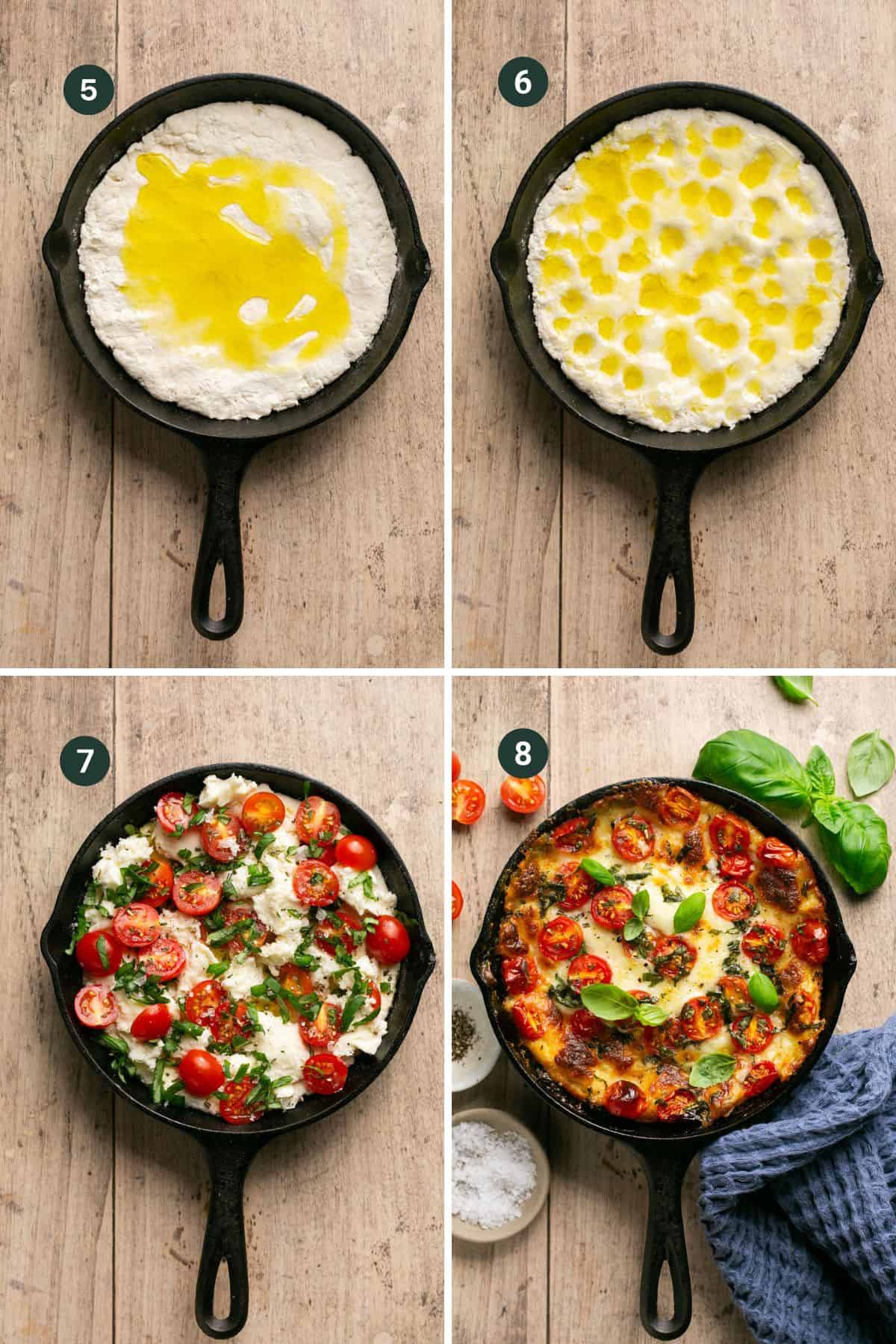 Four images showing adding olive oil to the top and then using fingers to create dimples in the dough for the oil to pool into, followed by topping with cheese, tomatoes and basil and a final browned and cooked focaccia. 