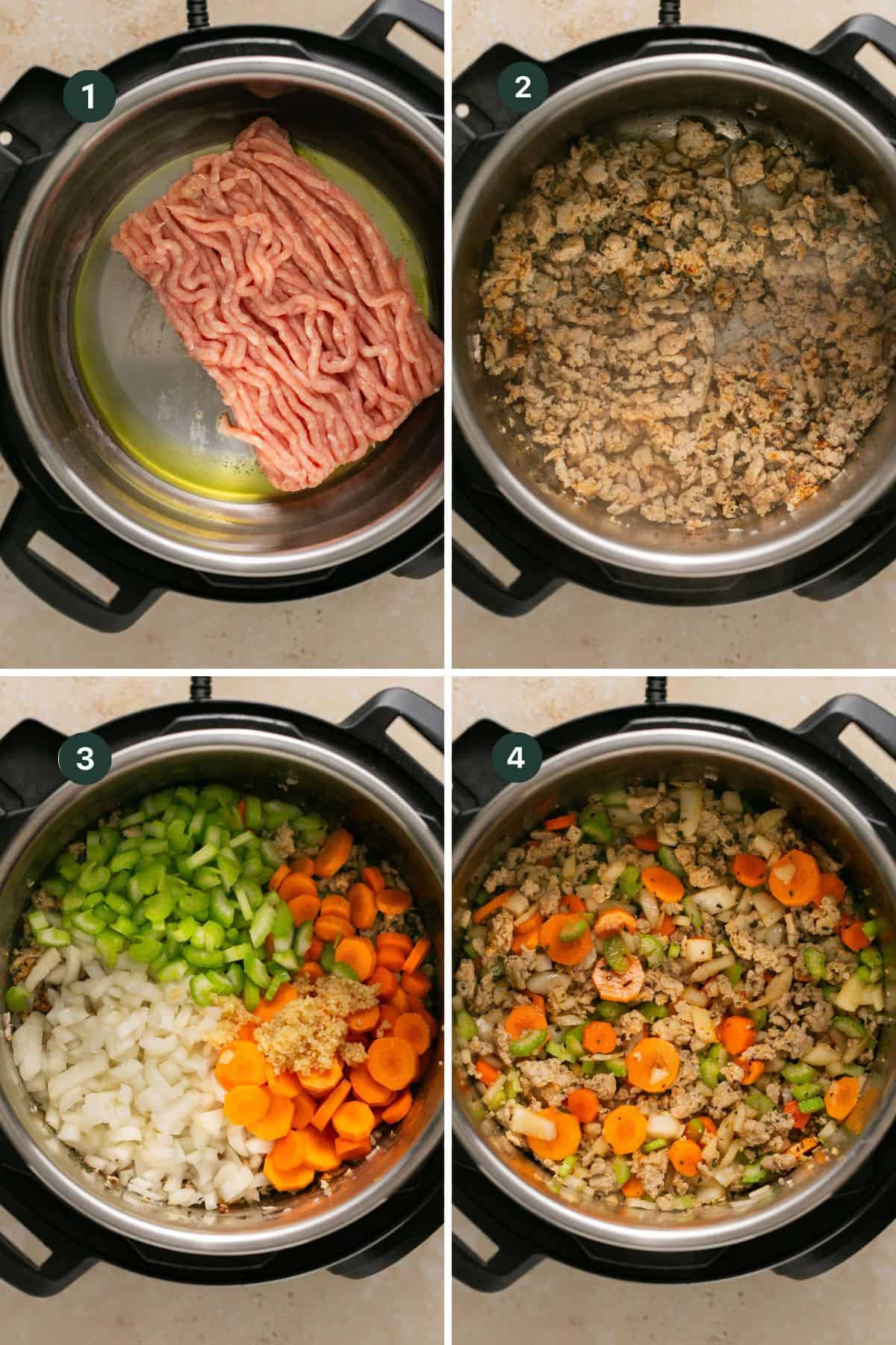 Beef added to the instant pot with carrots, celery and onions. 